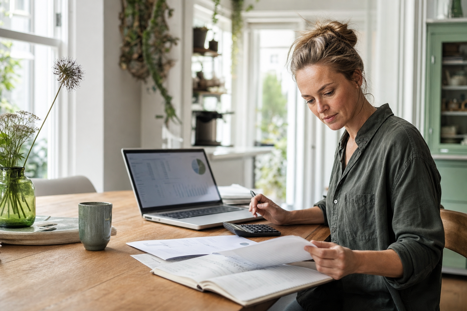 Ondernemer bekijkt thuis aan een houten tafel haar planning, met laptop, notitieboek en rekenmachine