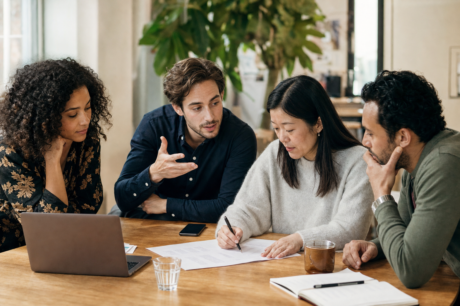 Vier collegaâ€™s bespreken samen een papieren concepttekst aan een houten tafel in een lichte werkruimte